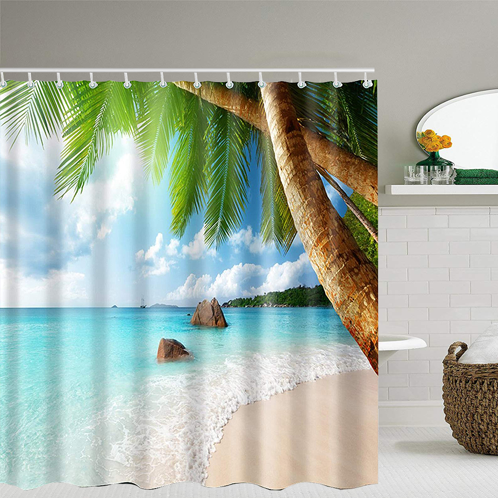 Bathroom Washroom Tropical Beach Palm Trees Shower Curtain w// 12 Hooks