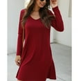 thumbnail image 3 of TEMOFON Women Casual T Shirt Dress Long Sleeve V Neck Solid Simple Loose Fit Dress with Pockets Wine Red Outfit, 3 of 6