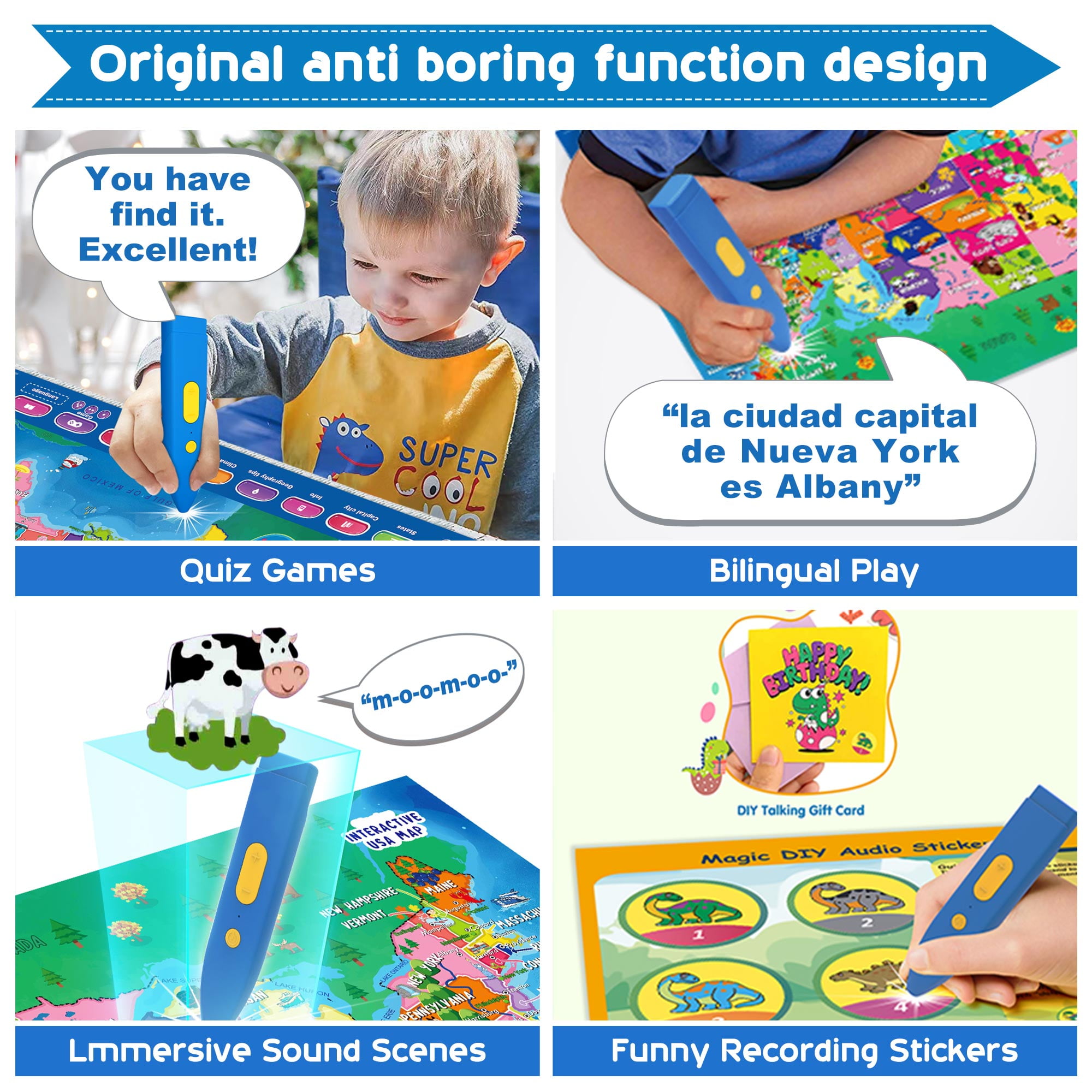 Interactive Talking USA Map for Kids Learning and Educational Toys, Interactive Map Poster, Geography Educational Game, Christmas Birthday Gifts for Age 3-15 Kids