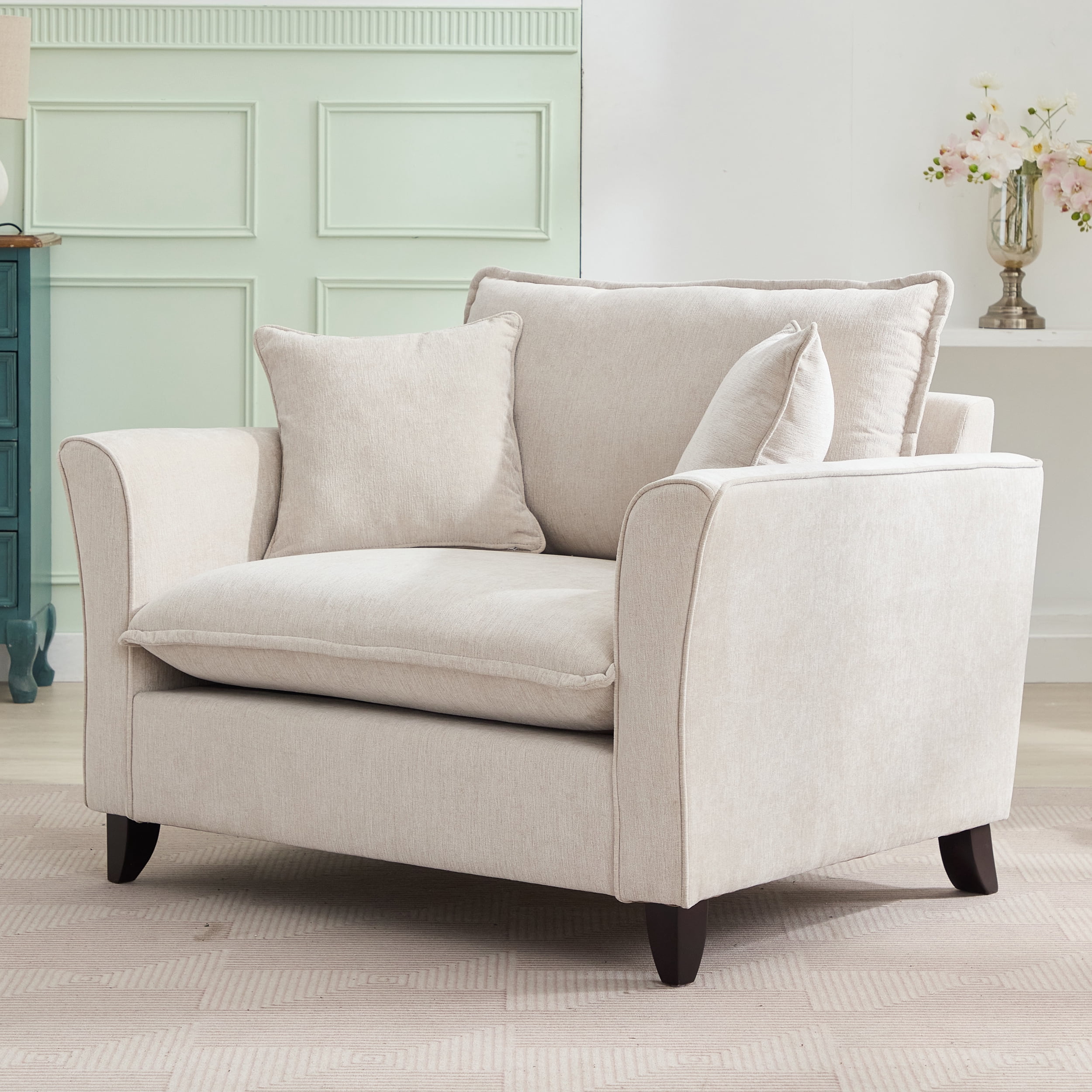 Euroco 46.9" Oversized Armchair, Chenille Fabric, Comfy Chair and a Half Single Sofa with Pillow for Living Room Bedroom Office Apartment, Cream