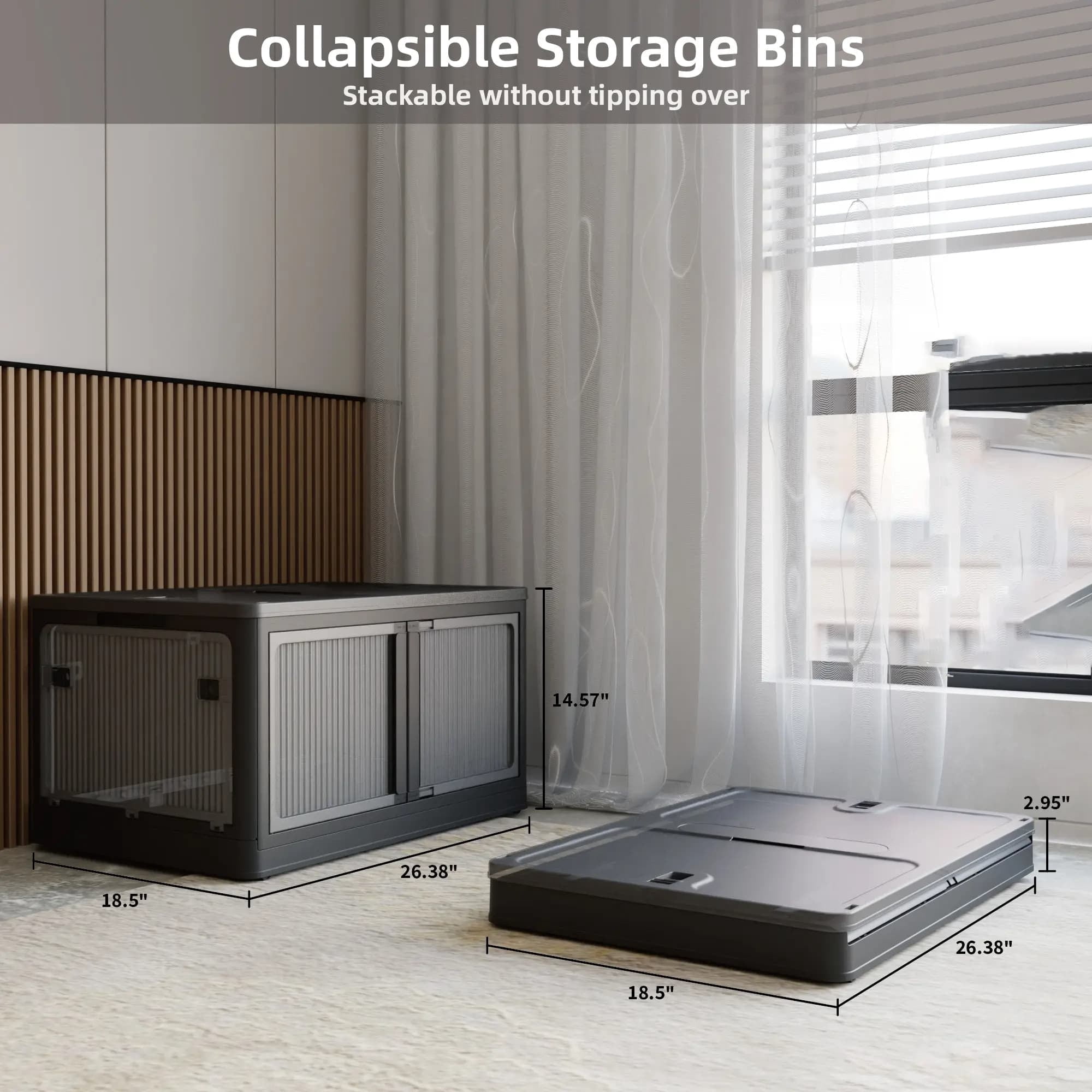 384QT 3-Pack Transparent Stackable Storage Bins with 5 Doors to Open with Wheels, Folding Plastic Craft Containers Large Closet Organizers Box for Bedrooms Living Rooms,Black