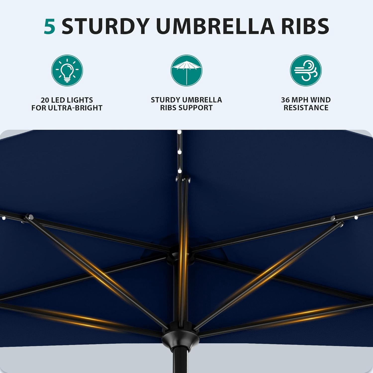 9ft Patio Half Umbrellas with Solar Lights, 1/2 LED Half Outdoor Umbrella w/ 20 LED Lights, Lighted Table Wall Umbrella with Crank & 5 Sturdy Ribs for Market, Pool, Deck, Lawn and Garden, Navy