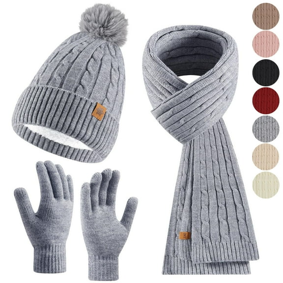 qolati Womens Winter Beanie Hat Scarf Gloves Set Warm Knit Beanie with Pompom Fleece Lined Knit Long Scarf Touchscreen Gloves 3 in 1 Set