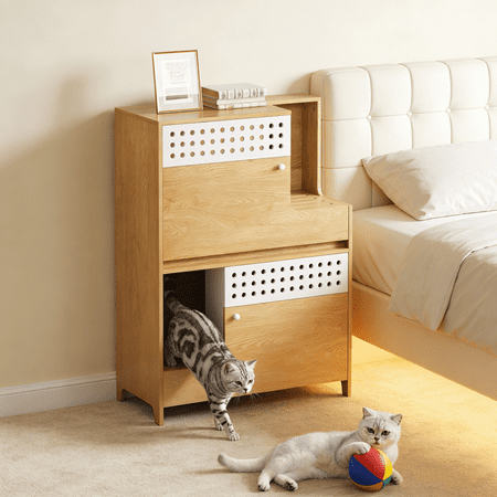 Brown 2-in-1 Modern Cat Litter Box Enclosure Side Table with Storage