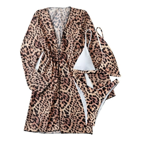 Summer Savings!YANHAIGONG Women s Swimwear 2024 3 Piece Set Halter Bikini Sarongs Cover Up Swimwear BeachLeopard Print Swimsuit Swimwear for Women Plus Size Clearance