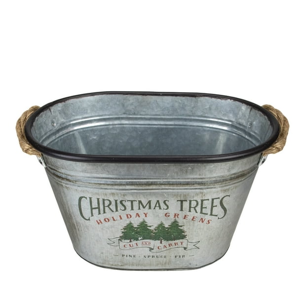 11" Silver Oval Christmas Tree Bucket With Jute Rope