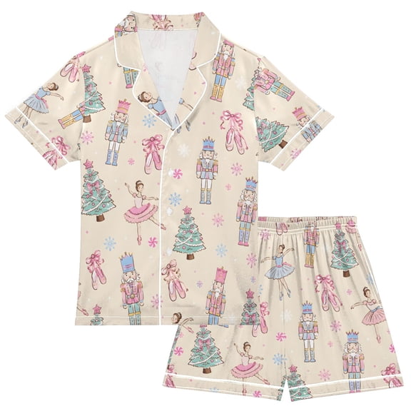 Nutcrackers Christmas Dancers Print Boy Girls Satin Pajamas Set Button-Up Short Sleeve Pj Sleepwear for 7-8 Years