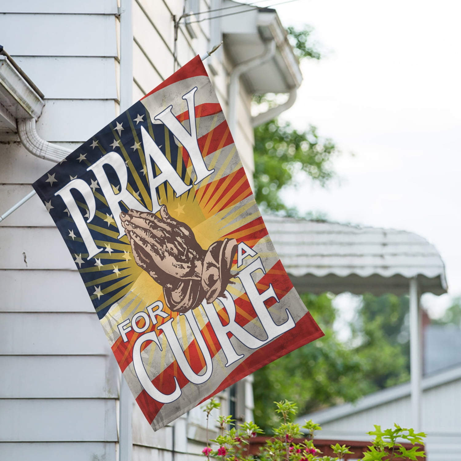 America Forever Let's Pray for Cure Double Sided House Flag, 28 x 40 inch, Praying Hands USA Meaningful, Faith Healing Patriotic Outdoor Decorations Banner