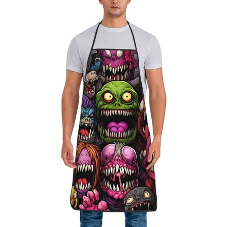 

Jgfou Monstrous Cartoon Characters Print Anti-fouling Apron for Men Women Waterproof Oil-Proof Kitchen Apron with Adjustable Straps Pocket and No-Pill No-Fade Fabric