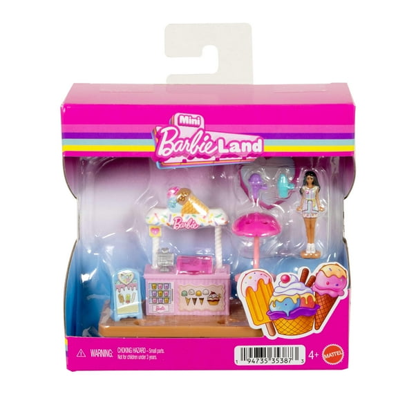 Barbie Mini Barbie Land Doll & Ice Cream Stand Playset with 1.5-inch Doll, Table & Accessories