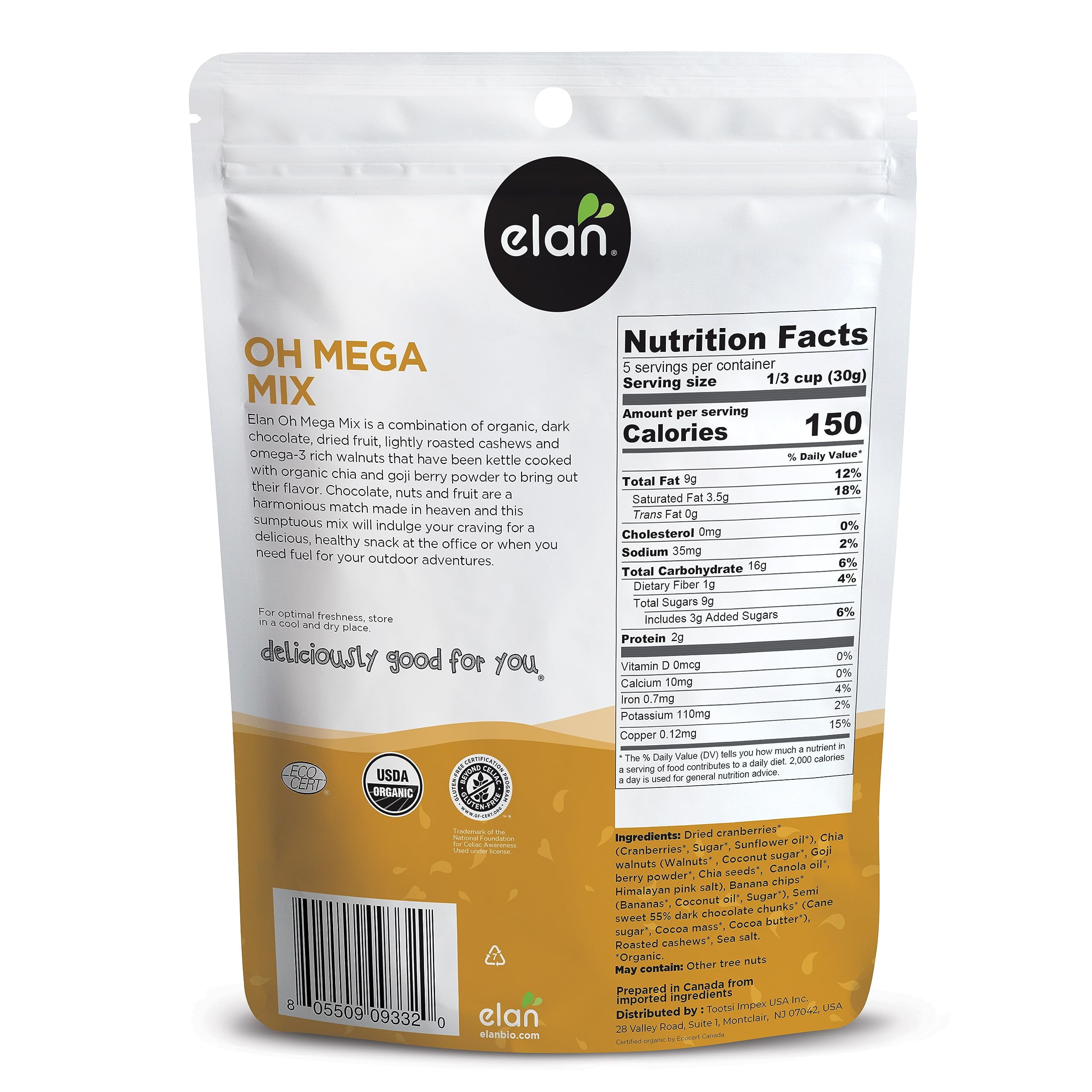 Elan Organic Oh Mega Mix, Vegan Dark Chocolate, Dried Fruits (Cranberries & Banana Chips), Nuts (Chia Walnuts & Roasted Cashews), Non-GMO, Gluten-Free, Vegan, Guilt-Free Snacks, 8 pack of 4.8 oz
