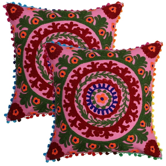 Stylo Culture Ethnic Settee Sofa Throw Pillow Covers 16x16 Embroidered Suzani Pink Green Stylish 40cm x 40cm Pom Pom Lace Cotton Floral Square Cushion Covers | Set Of 2