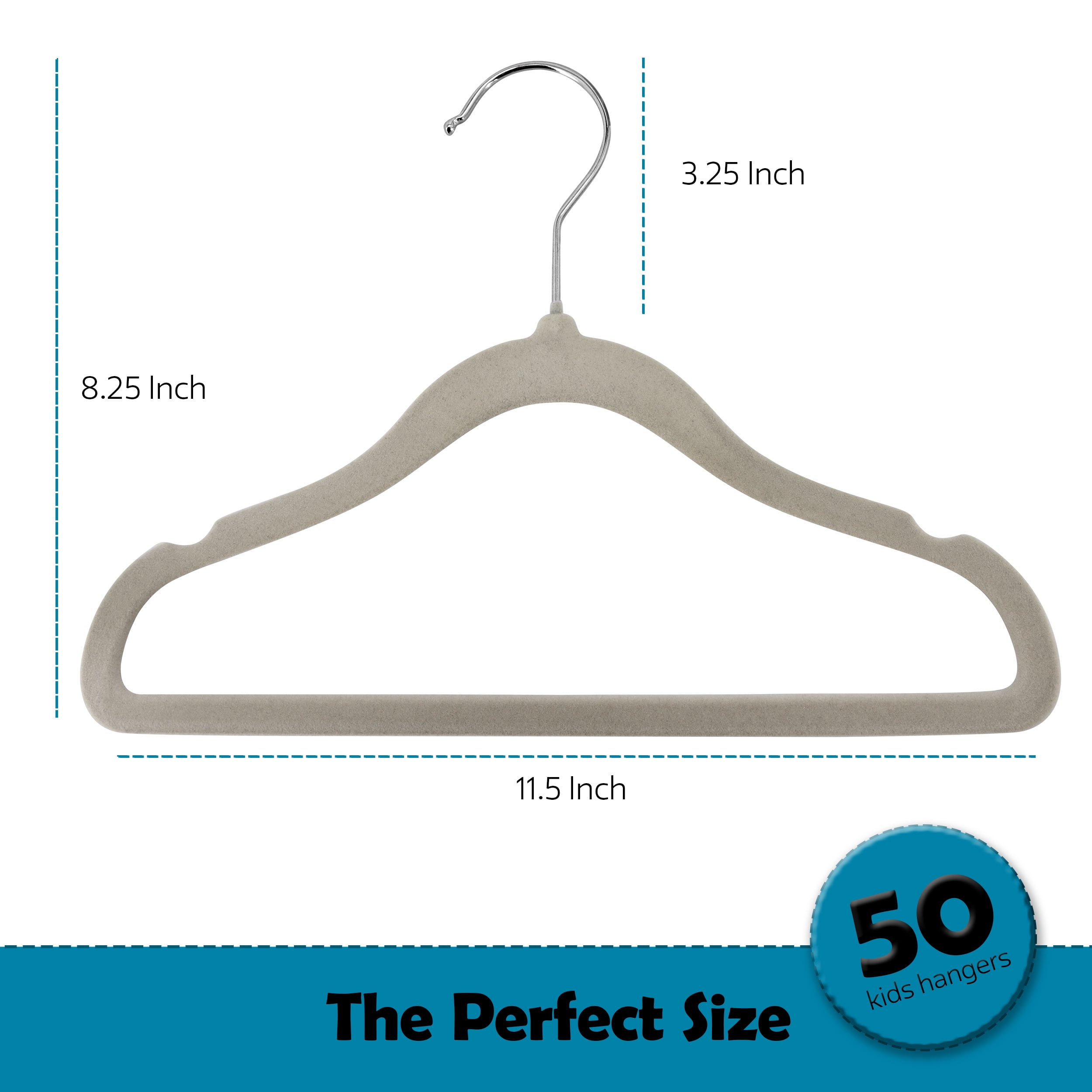 Elama Kids Basics 50 Pack Non-Slip Velvet Space Saving Notched Shoulder Clothes Hangers for Toddler, Baby & Kids Clothing with 360° Swivel Hooks, Slim Design  in Gray
