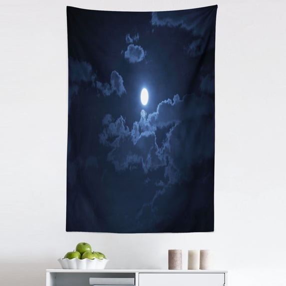 Night Tapestry, Full Moon Appearing Among Dark Clouds Scenic Mysterious Midnight Dusk Foggy Heavens, Fabric Wall Hanging Decor for Bedroom Living Room Dorm, 5 Sizes, Dark Blue, by Ambesonne