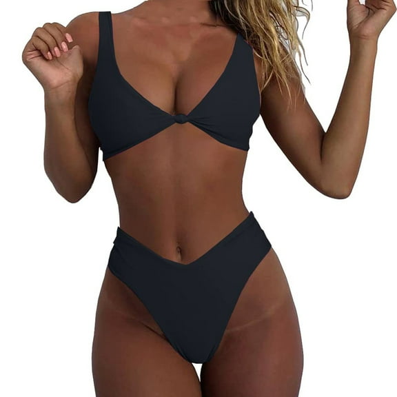 Feimerou Women's Bikini Swimsuits Sexy Bikinis Set Solid V Neck Knot Front Push Up High Leg Thong Two Piece Swimsuit Swimwear Savings