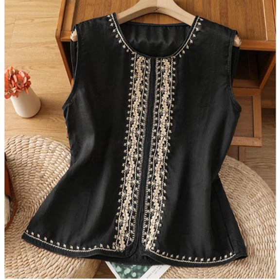 QUNYINEY Tank Tops for Women Vintage Summer Linen Tops Loose Fit Embroidered Crew Neck Flowy Sleeveless Women Shirts