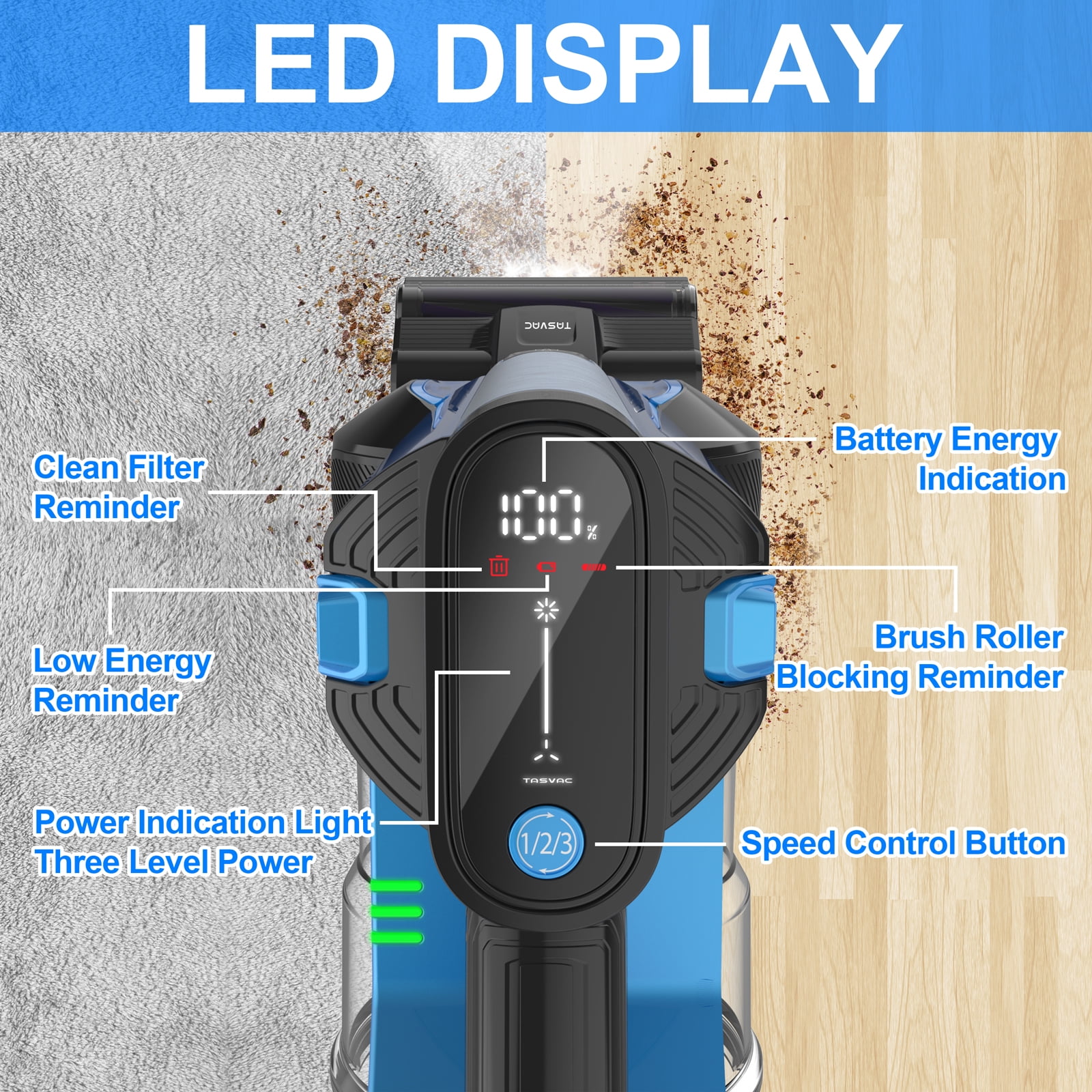 TASVAC S800 Cordless Vacuum Cleaner, Powerful Lightweight Stick Vacuum with LED Headlights -Brushless Motor 50 Minutes Runtime, Household Vacuum Cleaners for Home Pet Hair Carpet Hardwood