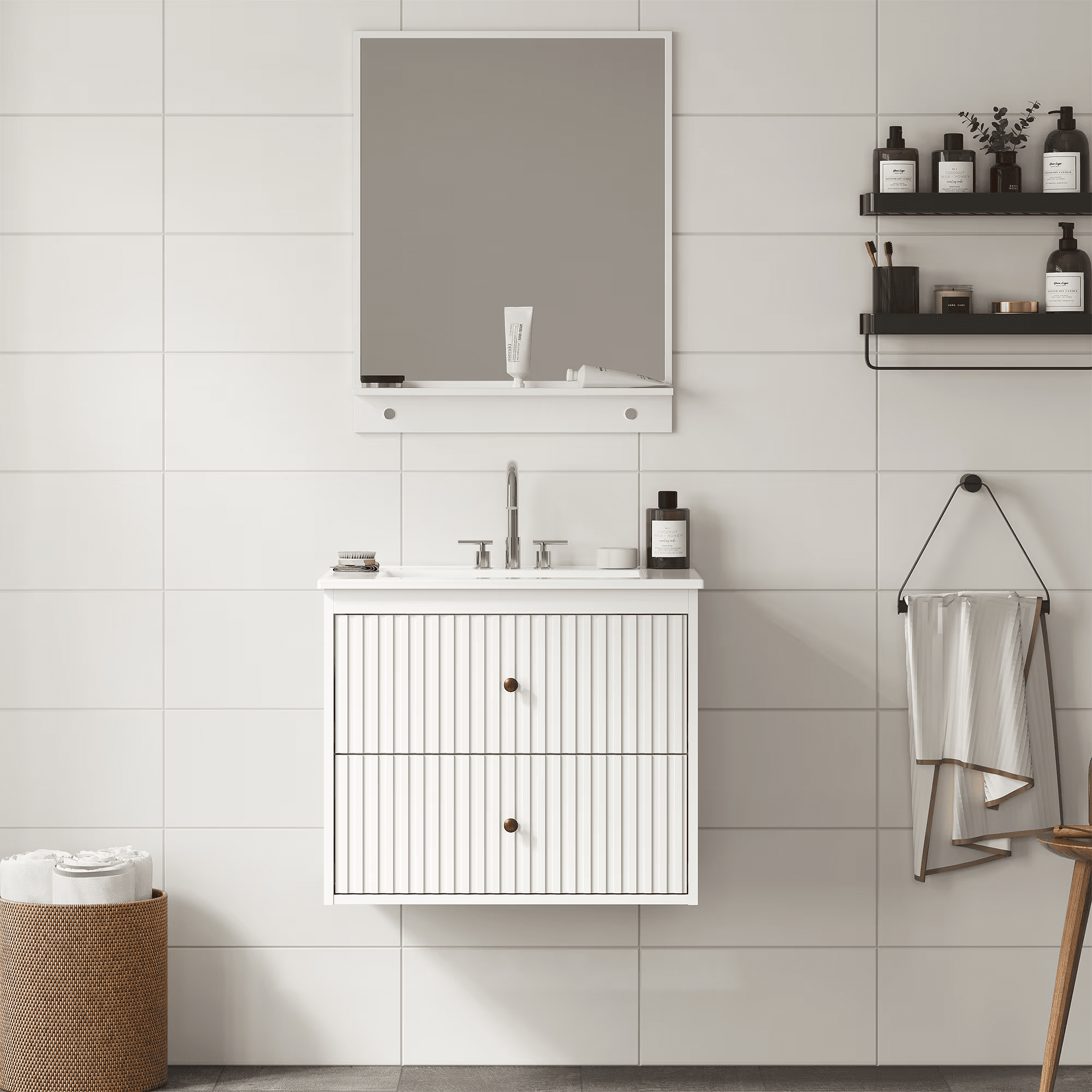 Mintazer 24 Inch Floating Fluted Bathroom Vanity with Ceramic Sink, Wall-Mounted Modern Farmhouse Bath Cabinet with 2 Storage Drawers, White