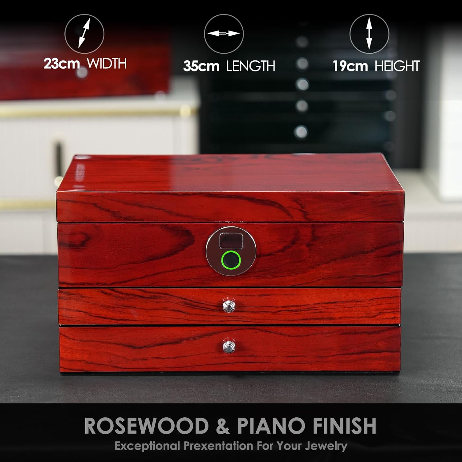 Smart Jewelry Box with Fingerprint Lock, 3-Layer Large Wood Jewelry Organizer for Women, Rosewood Piano Finish Storage Chest with Drawers