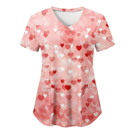 

Women Scrubs Top Working Uniform Nurses Workwear Fashion Casual V-Neck Valentine s Day Love Heart Printed Short Sleeve Protective Clothing Vacation Clothes