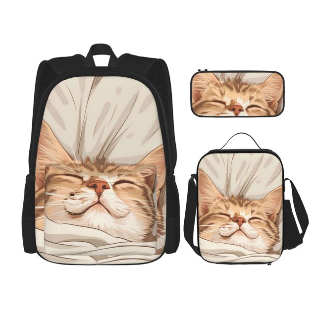 Fotbe Sleeping Cat In Blanket Set Escolar 3 en 1 para Niños - Mochila Duradera con Lonchera Aislante y Estuche para Lápices - Mochila Escolar para Niños y Niñas