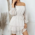 thumbnail image 5 of Hfyihgf Womens Tie Waist Ruffle Dress Off Shoulder Lantern Long Sleeve Chiffon Short Dresses A-Line Casual Swiss Dot Swing Dress(White,XXL), 5 of 8