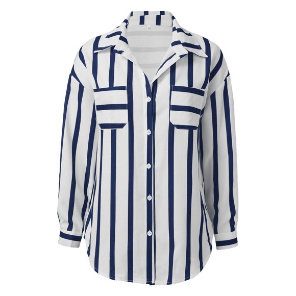 ZHUASHUM shirts for women Fashion Mid Length Vertical Striped Multi Color Shirt Coat Casual Loose Top,L Blue