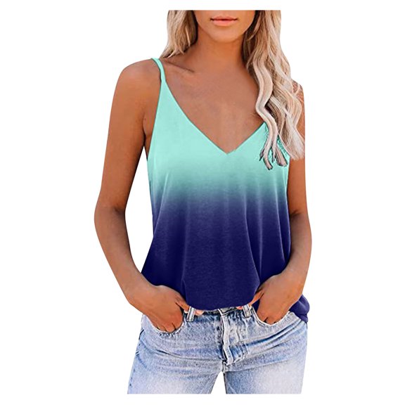 Yuannlog Women Tanks Summer Sleeveless V-Neck Workout Tops Gradient Print Casual Athletic T-Shirts Basic Loose Fit Camisole