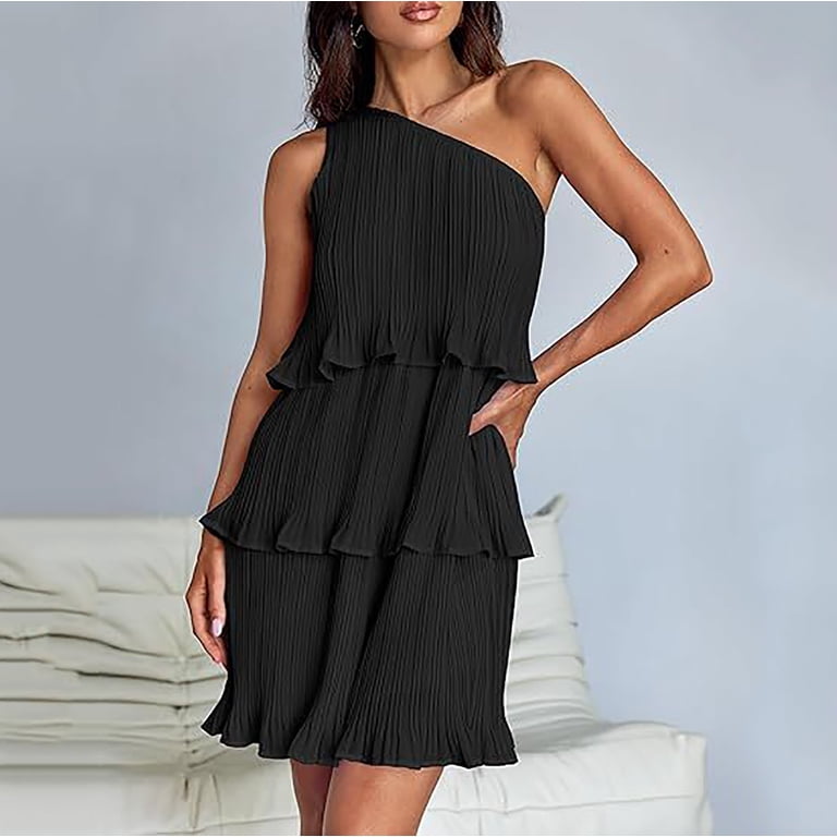 Lmnyox Women's One Shoulder Mini Dress Summer Fashion Short Dress Flowy Cocktail Party Club Dress, Size: Large, Black