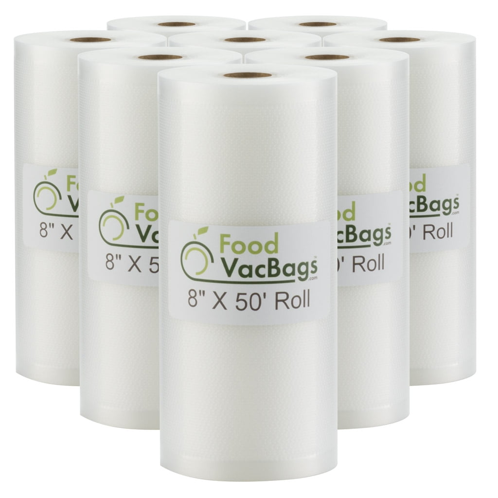 Eight FoodVacBags 8" x 50' Rolls of Embossed Vacuum Sealer Bags for