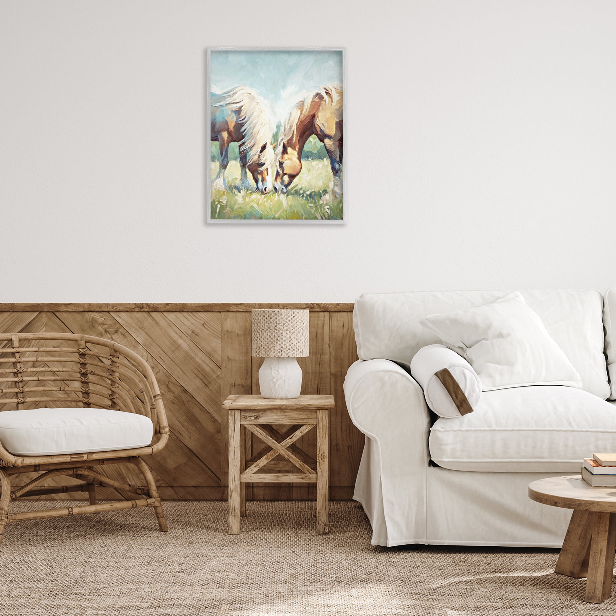 Stupell Industries Horses Grazing Together Animals & Insects Painting Gray Framed Art Print Wall Art, 24 x 30