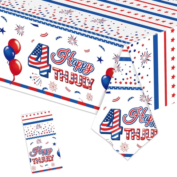 4th of July Decorations Table Cover,Patriotic Red White Blue Disposable Table Cover with Balloon & Firework Prints,Waterproof Patriotic Table Linen for Holiday Decor,54x108 Inch