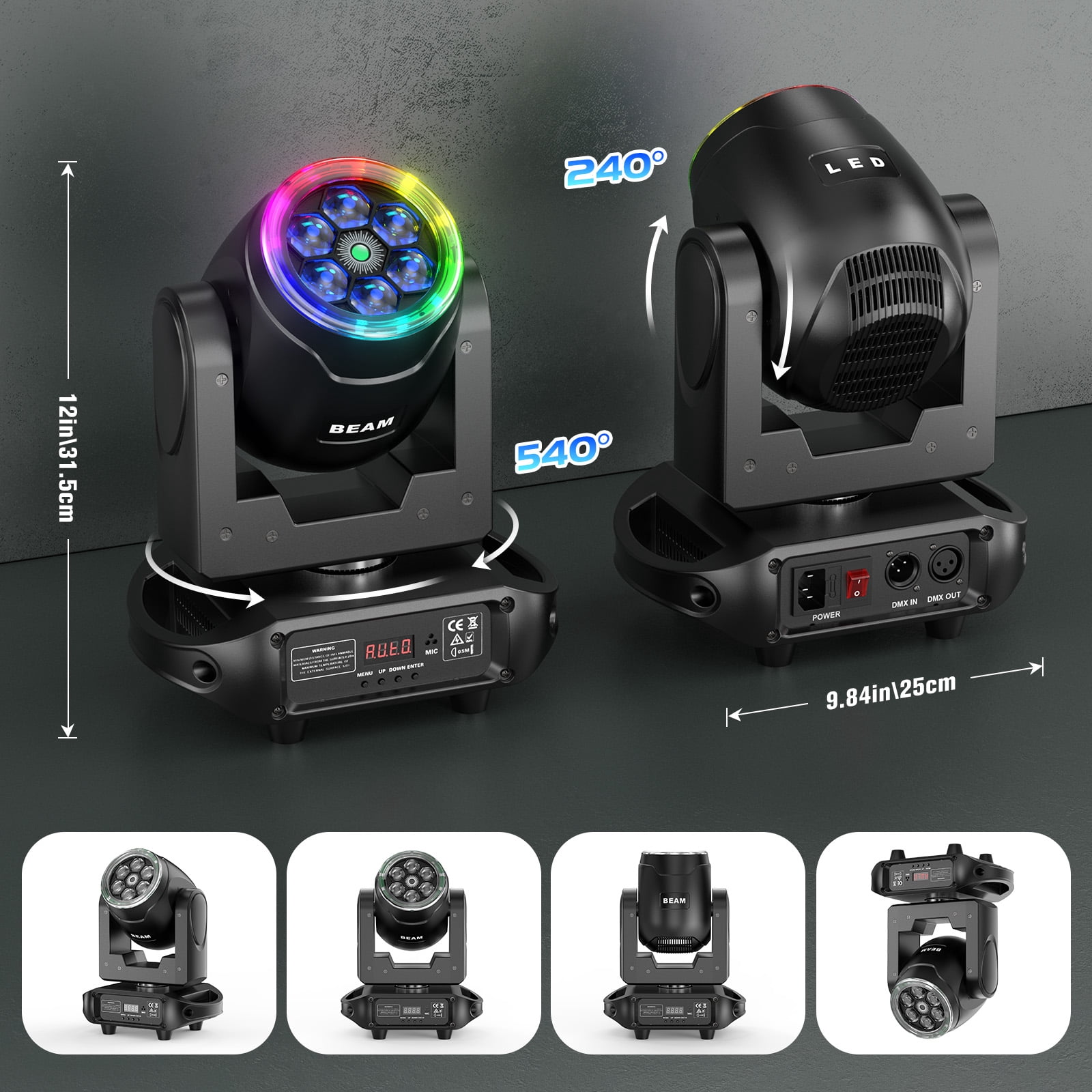 2PCS LED Moving Head Light, 6 Bee Eyes RGBW DMX Strobe Beam DJ Disco Stage Lighting w/ Light Strip