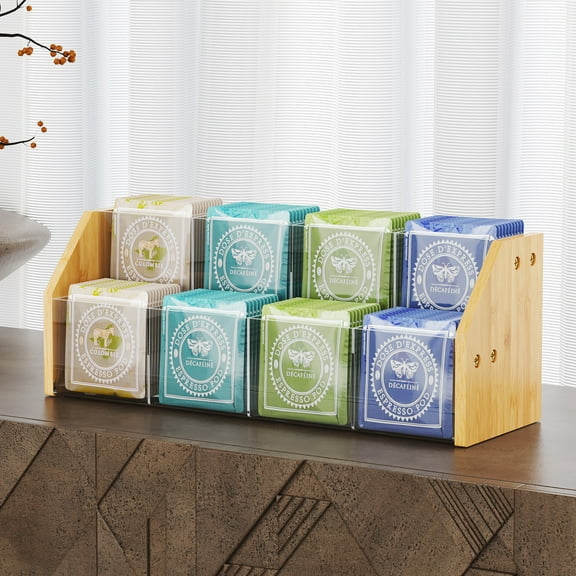 NiHome 2-Tier Tea Bag Organizer with Clear Acrylic Panels and Bamboo Frame, 8 Compartments Hold Up to 80 Tea Bags, Space-Saving Tea Holder for Home Office or Cafe Use, Tiered Tea Storage and Display
