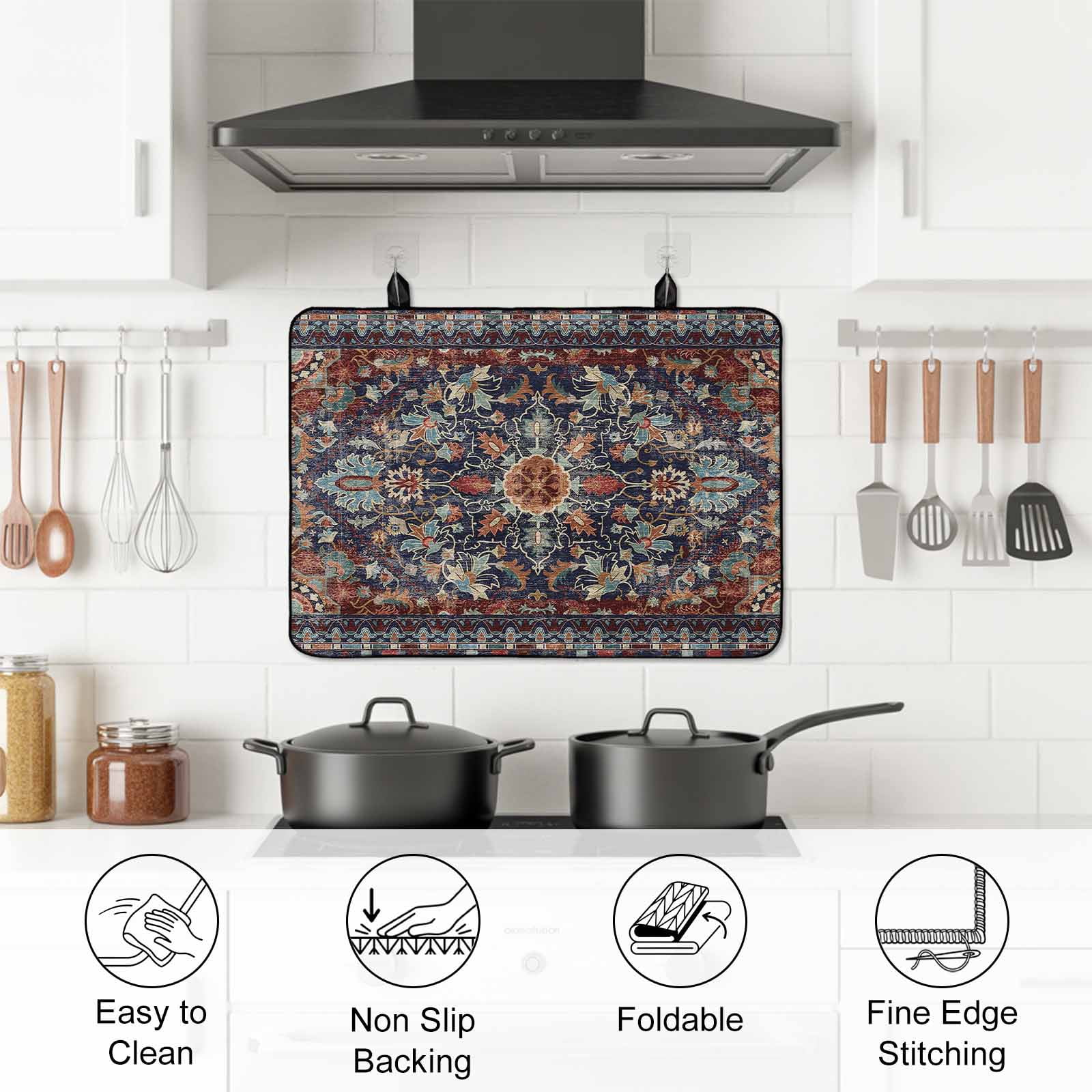 Retro Boho Stove Top Cover for Electric Stove, Heat-proof & Non Slip Glass Top Stove Cover Protector, Rustic Flowers Modern Geometric Abstract Art Kitchen Flat Cooktop Rubber Mat 24x21 Inches