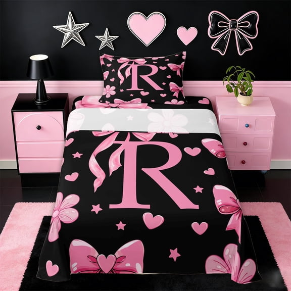 Erosebridal Pink Bows Girls Twin Sheet Sets,Letter R Monogrammed Bedding For Girls Kids 3 Pieces
