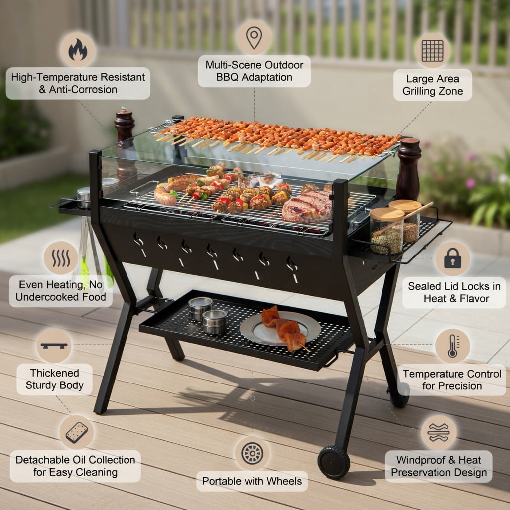Resenkos Outdoor Patio Barbecue Cooker, Outdoor Grills,Barbecue Charcoal Grills with Wind Guard Seasoning Racks-Black