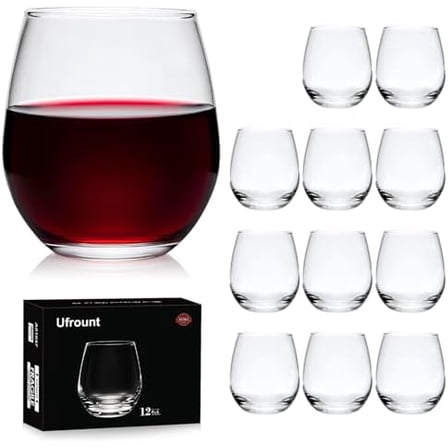 Stemless Wine Glasses Set of 12,16 OZ Stemless Wine Glass Cups,Clear Christmas Red Wine Glassware White Wine Glass Tumblers,Elegant Crystal Bourbon Glasses Water Cups for Wine,Whiskey