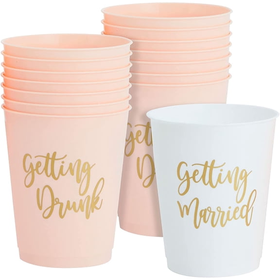 BZUEPRS 15 Pack Reusable Bachelorette Party Cups, 16 Oz, Plastic Tumblers for Bridal Shower or Getting Married, White and Pink