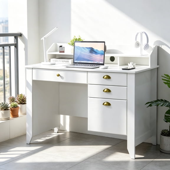 4 Ever Winner Computer Desk with Drawers, 47.5 in White Desk with 4 Drawers, Home Office Desk with Monitor Stand, White