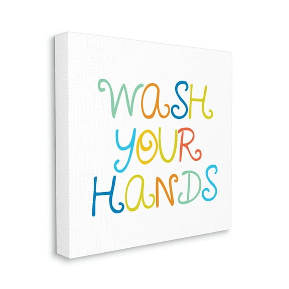 Whimsical Kids Bathroom Phrase Wash Your Hands Rules Typography Gallery-Wrapped Canvas Print Wall Art, 17x17