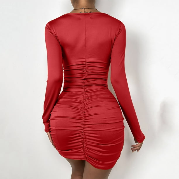 SMihono Clearance Hem Ruched Long Sleeve Waist Hip Dress Womens Plus Slim  Fit Skinny Sexy Wrap V Neck Solid Color Slimming Female Outerwear Red M