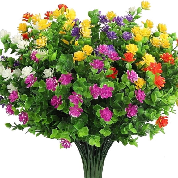 Artificial 7-Stem Eucalyptus and Camellia Bouquet – Faux Plastic Floral Arrangement for Home, Outdoor, and Garden Decor