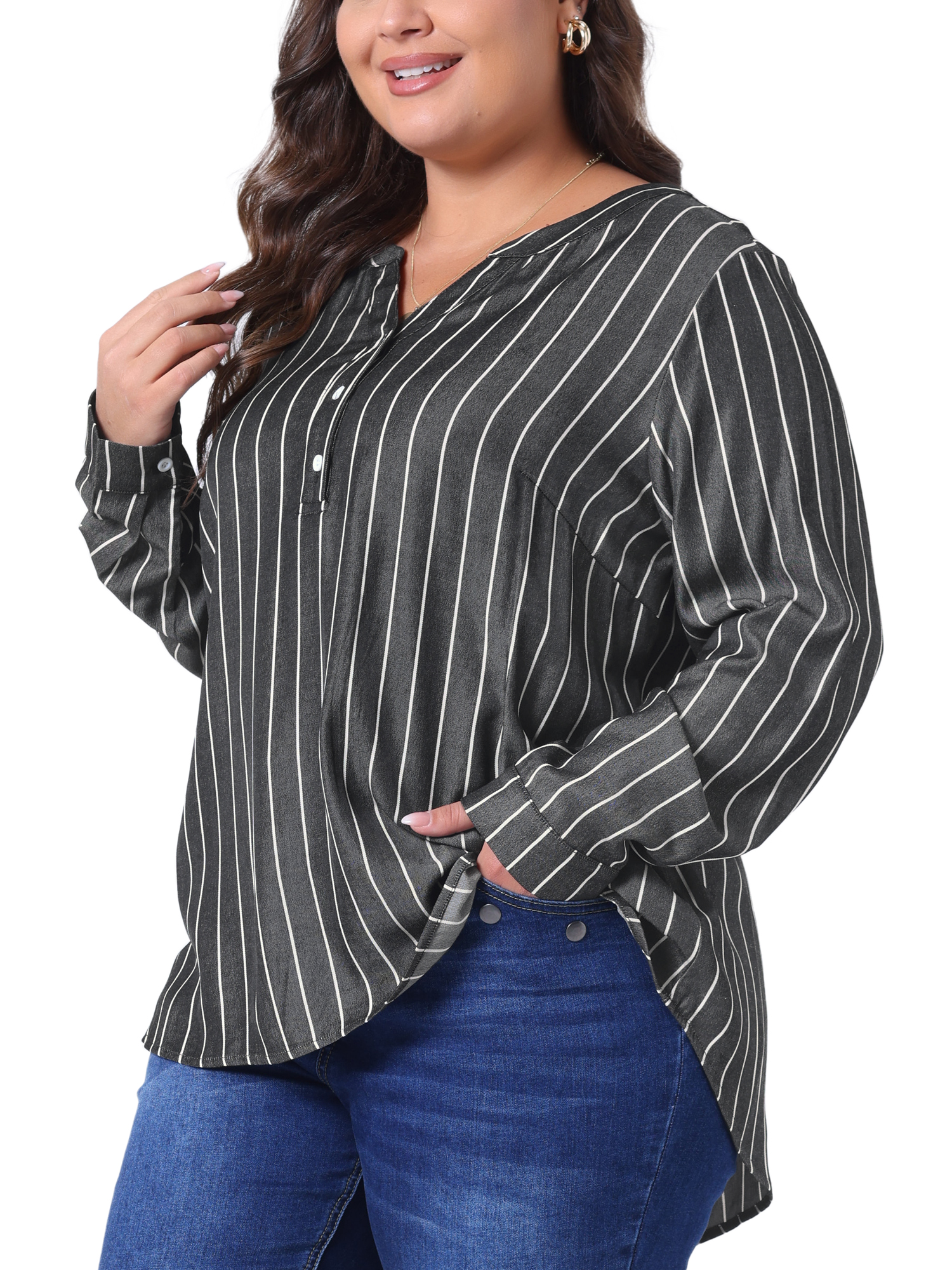 DARING DIVA Women's Plus Size Long Sleeve Button Down Blouse 1X Black