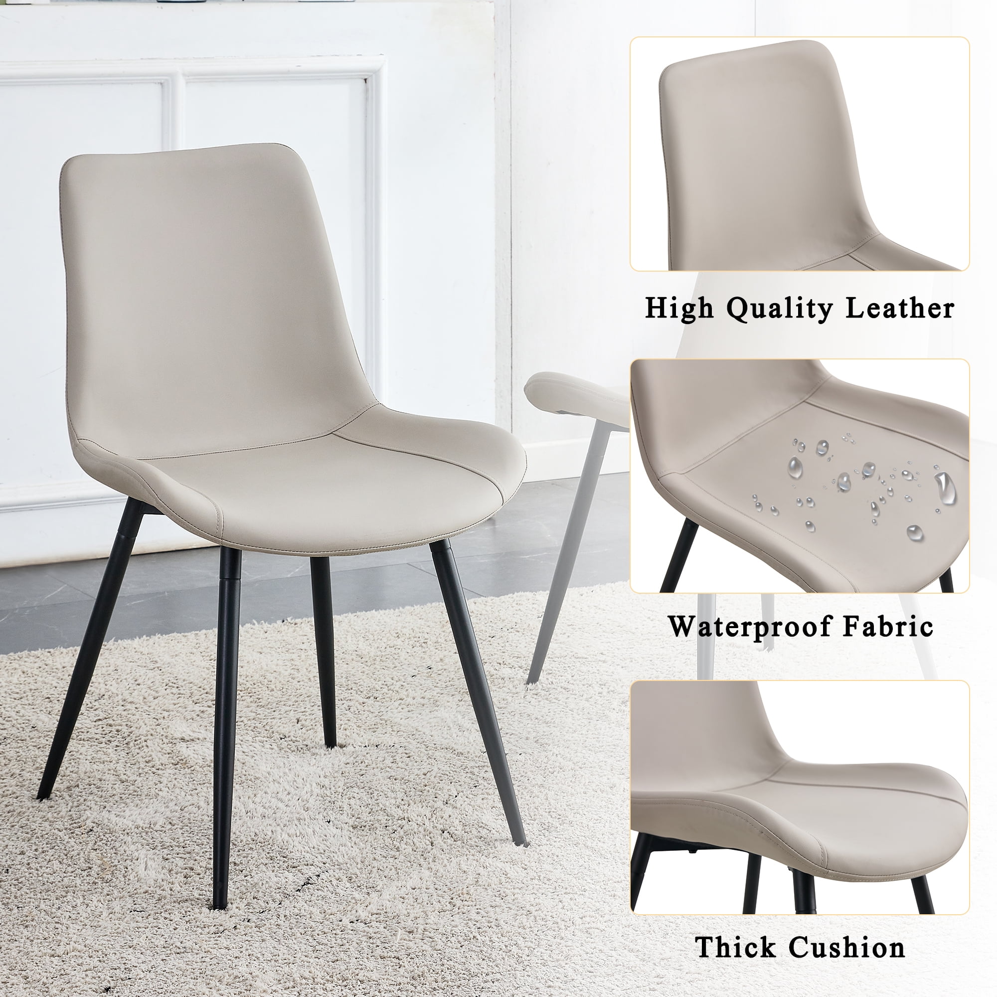 SUDICA Dining Room Chairs, Light Gray Faux Leather, Black Metal Legs, Set of 4