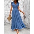 thumbnail image 7 of Blue Casual Wrap Waist-Cinched Women Maxi Dress With Ruffle Sleeves And Hem, 7 of 7