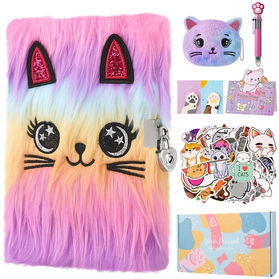 sixwipe Cat Diary with Lock and Keys for Girls, Plush Secret Journal with Purse, Greeting Card, Stickers and Notpads, Hardcover Fluffy Locking Notebook for Kids Girls Age 6  Writing and Drawing
