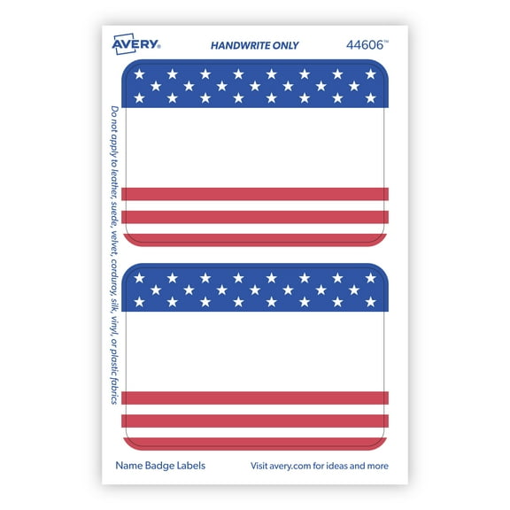 Avery Adhesive Name Tags, American Flag, Stars & Stripes, 2-1/3" x 3-3/8", 36 Name Stickers (44606)