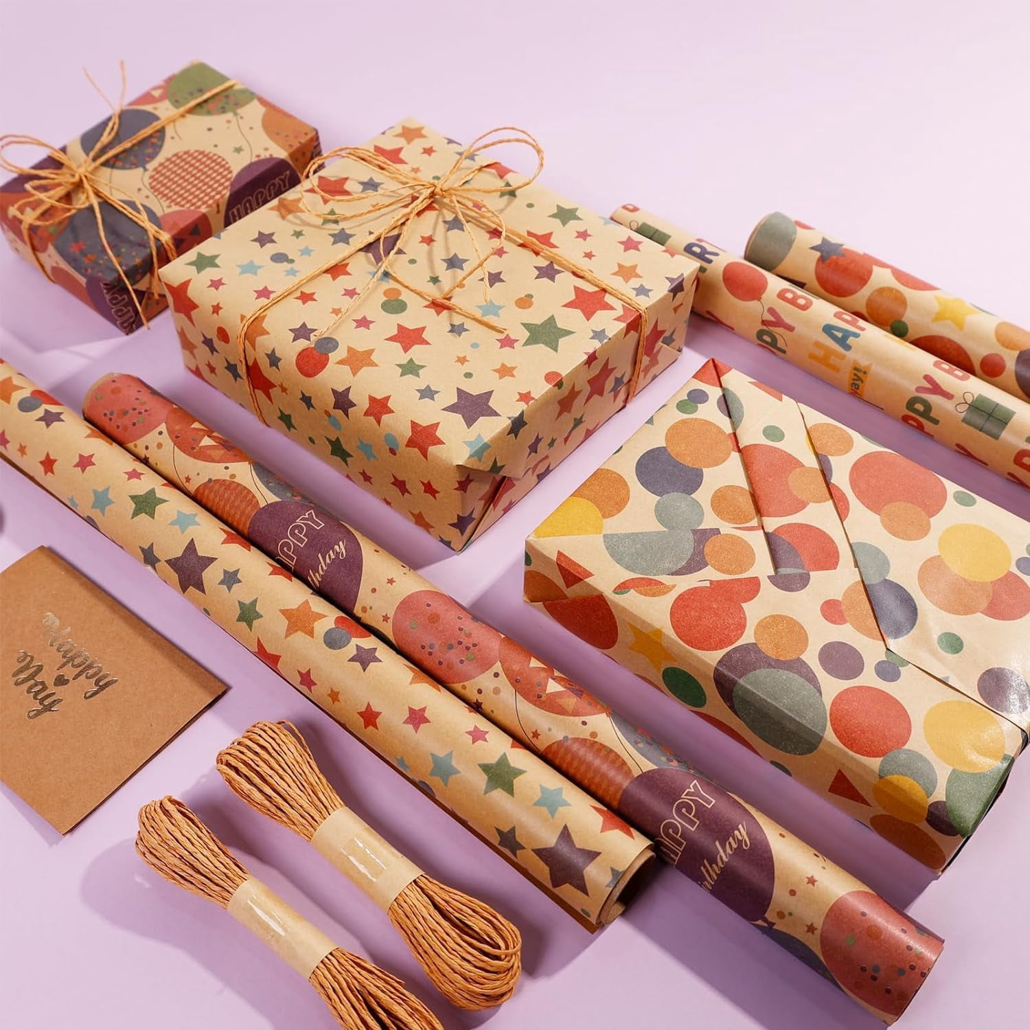 Birthday Kraft Wrapping Paper Vintage Style Paper Perfect for Men Women Brown Kraft Paper with Colorful Text Pattern for Birthday Holiday Wrap - 4 Rolls 17 inch X 120 inch (10feet) Per Roll