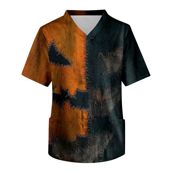 Halloween Scrub Tops for Men V Neck Patchwork Short Sleeve T Shirt Lightweight Plus Size Medical Shirts with Pockets Orange M